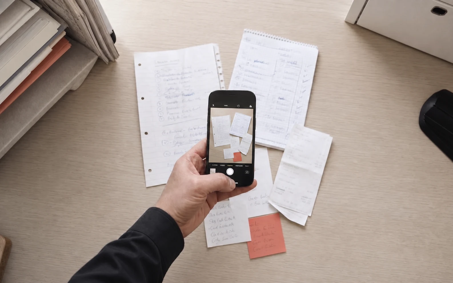 Lose handschriftliche Notizen werden mit einem Smartphone fotografiert